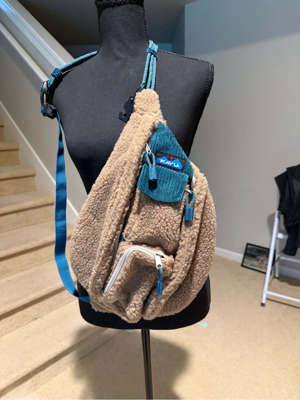 Kavu Tan Sherpa Sling Bag with Teal Accents